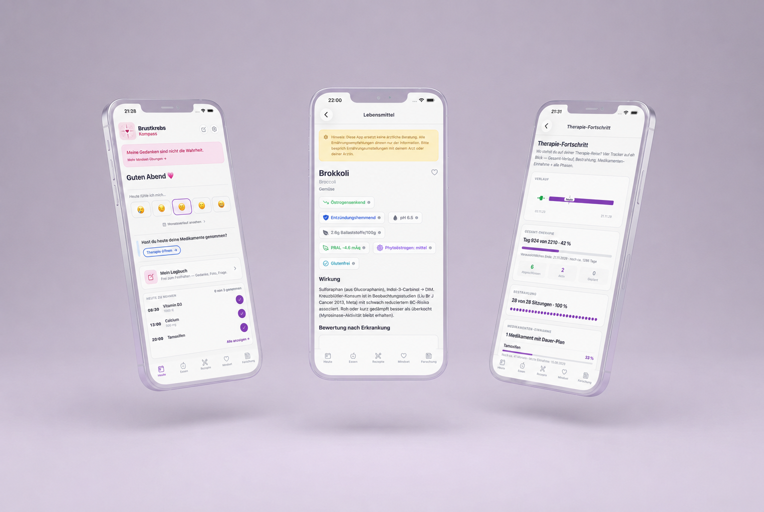 Drei App-Screens mit Heute, Lebensmittel und Therapie-Fortschritt.