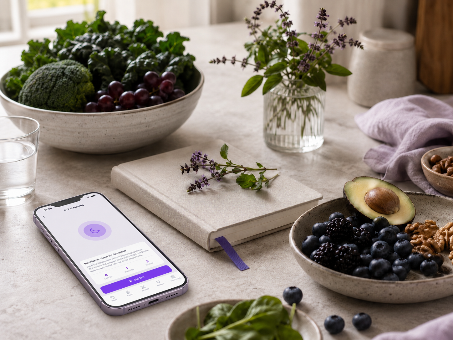 Lebensmittel, Notizbuch und App als ruhiges Bild für Ernährung mit Kontext.