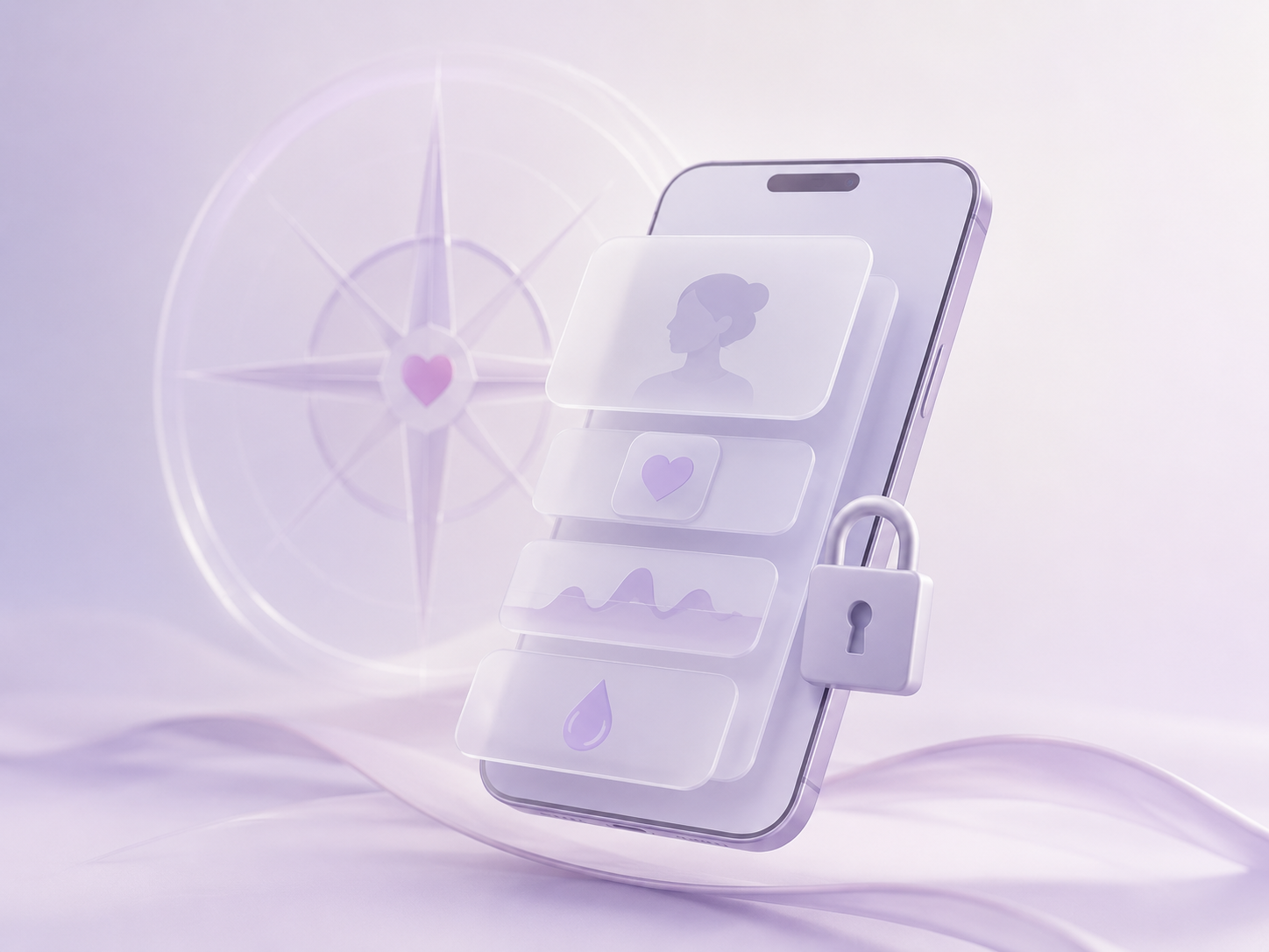 Smartphone mit lokalen Datenkarten, Schloss und Kompassmotiv.