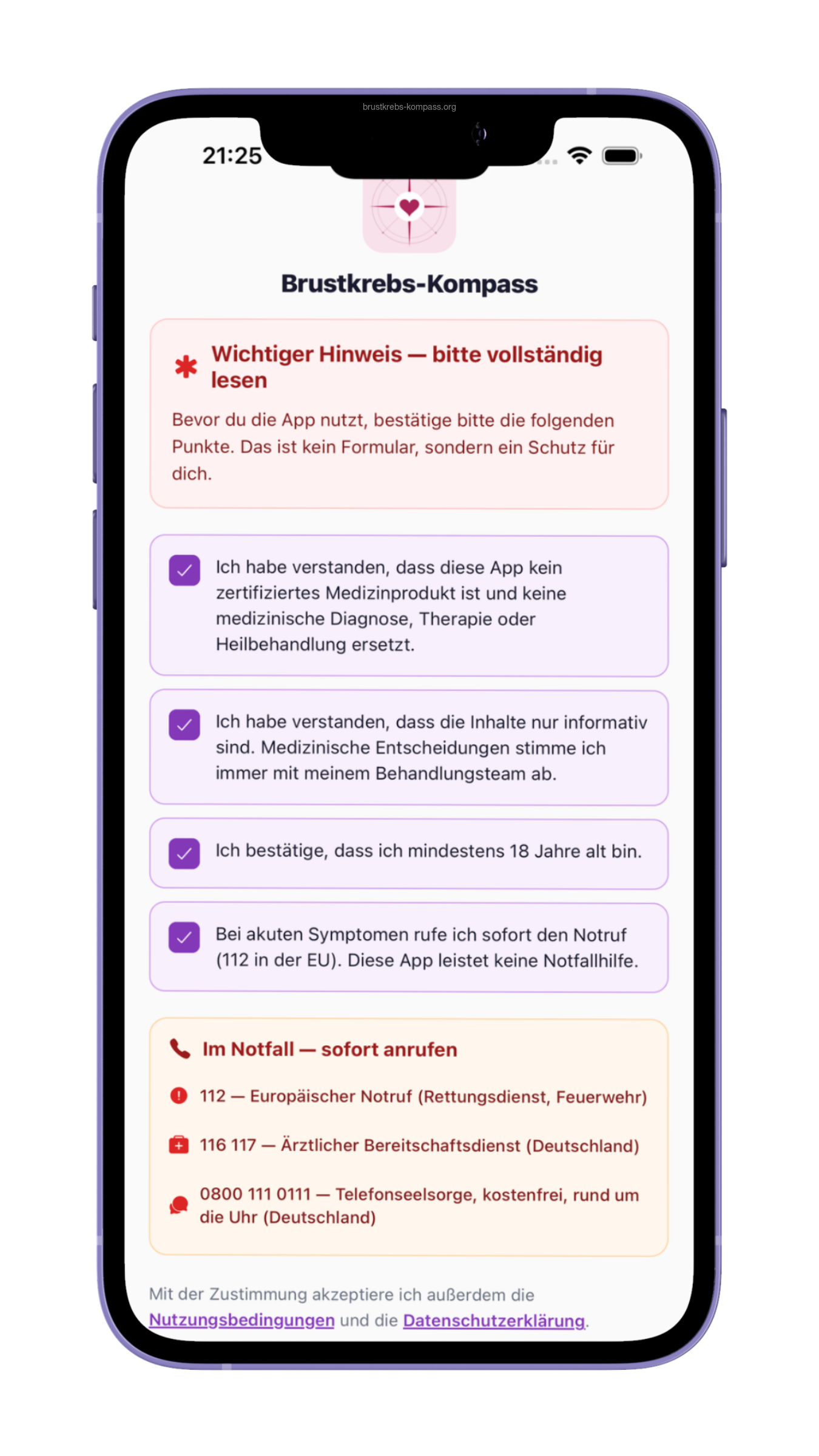 Legal-Gate beim ersten Start mit vier Bestätigungs-Checkboxen, Hinweis kein Medizinprodukt, Notrufnummern.