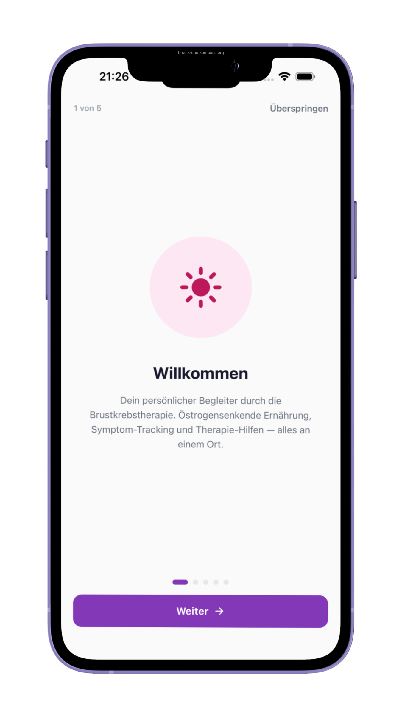 Onboarding-Slide 1: Willkommen, persönlicher Begleiter durch die Brustkrebs-Therapie.