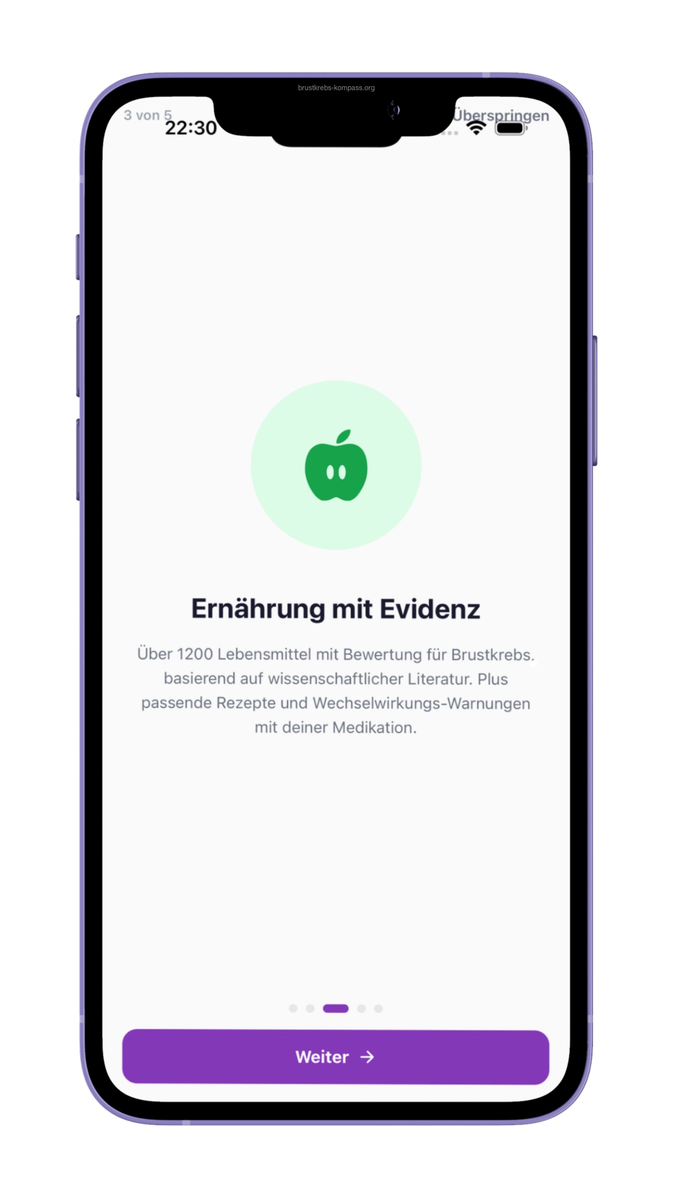 Onboarding-Slide 3: Ernährung mit Evidenz. 1200+ Lebensmittel mit wissenschaftlicher Bewertung.