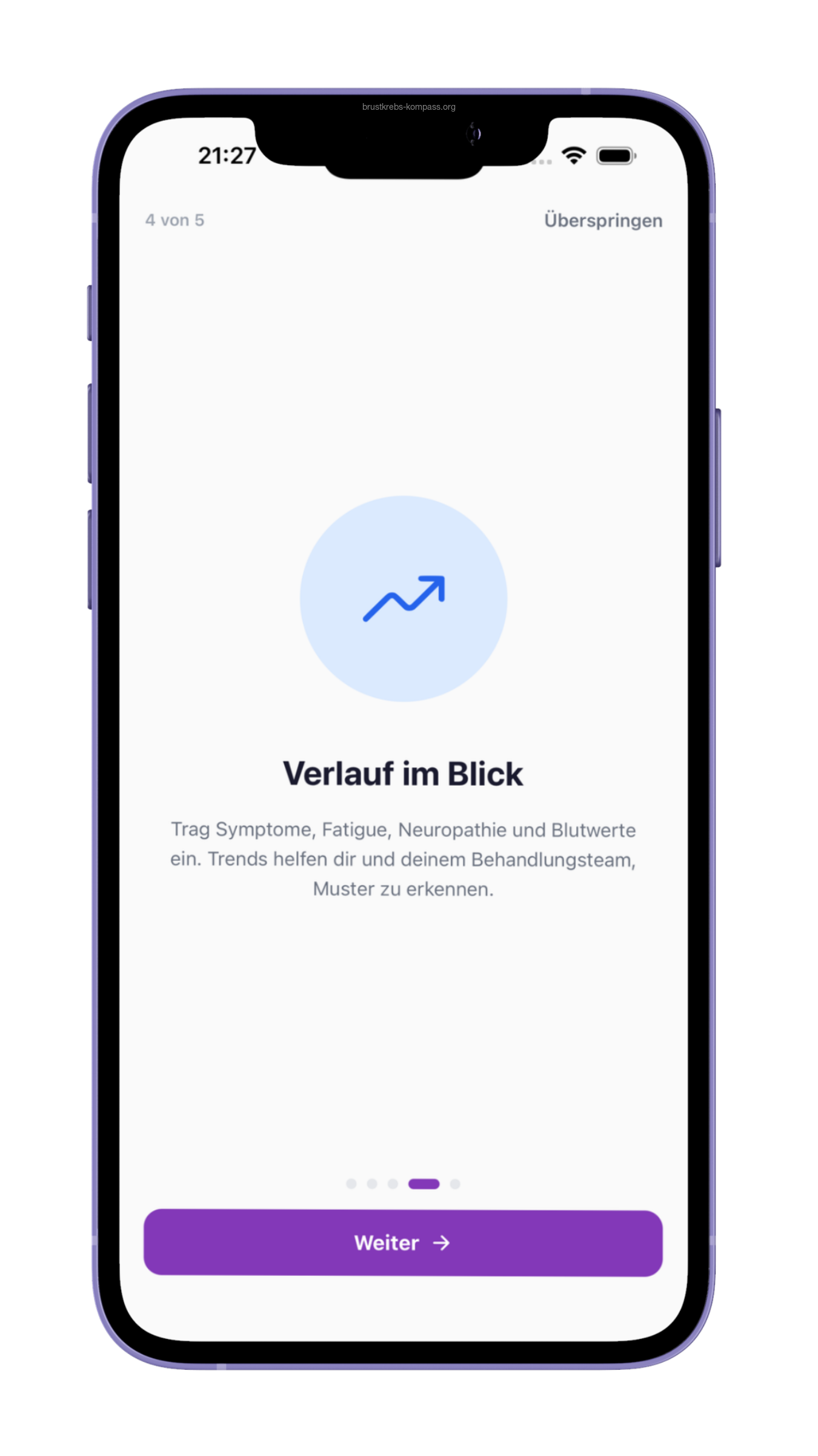 Onboarding-Slide 4: Verlauf im Blick. Symptome, Fatigue, Neuropathie und Blutwerte tracken.