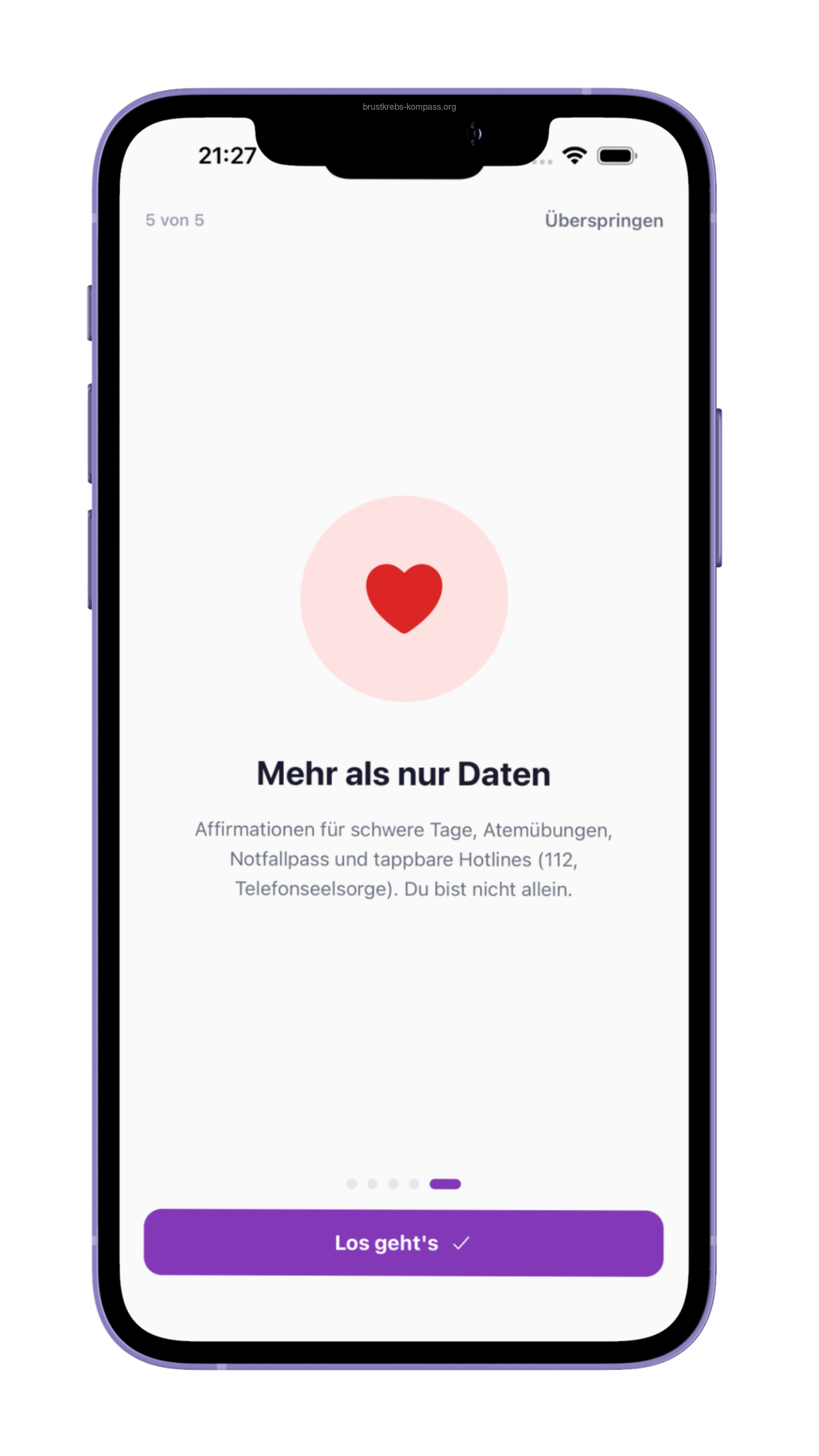 Onboarding-Slide 5: Mehr als nur Daten. Affirmationen, Atemübungen, Notfallpass, Hotlines.