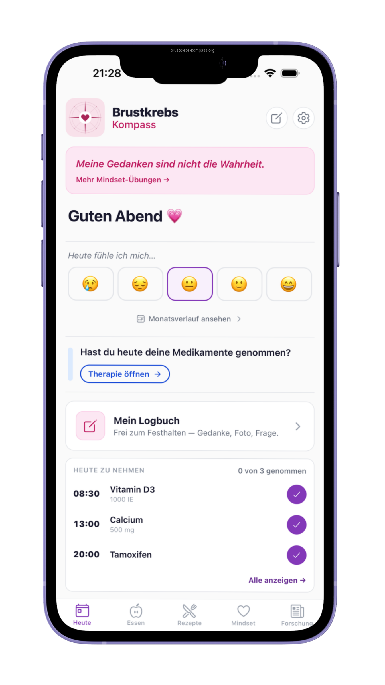 Brustkrebs-Kompass Heute-Tab mit Stimmungs-Tracker, Affirmation, Logbuch und Medikamenten-Erinnerung.