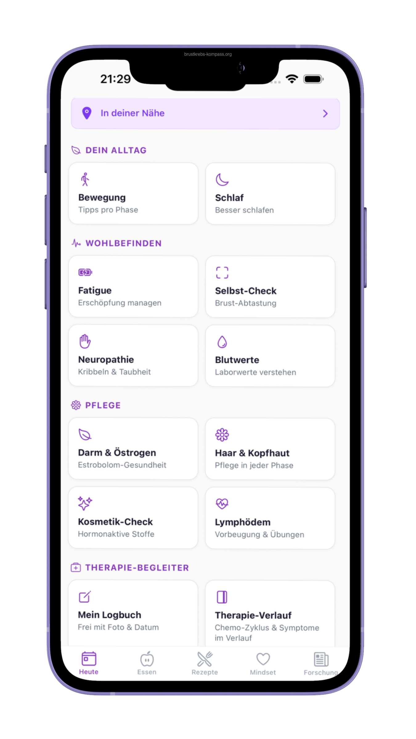 Heute-Tab mit Therapie-Fortschritt 42 Prozent, Essens-Vorschlägen, Lifestyle-Score und Symptom-Modulation.