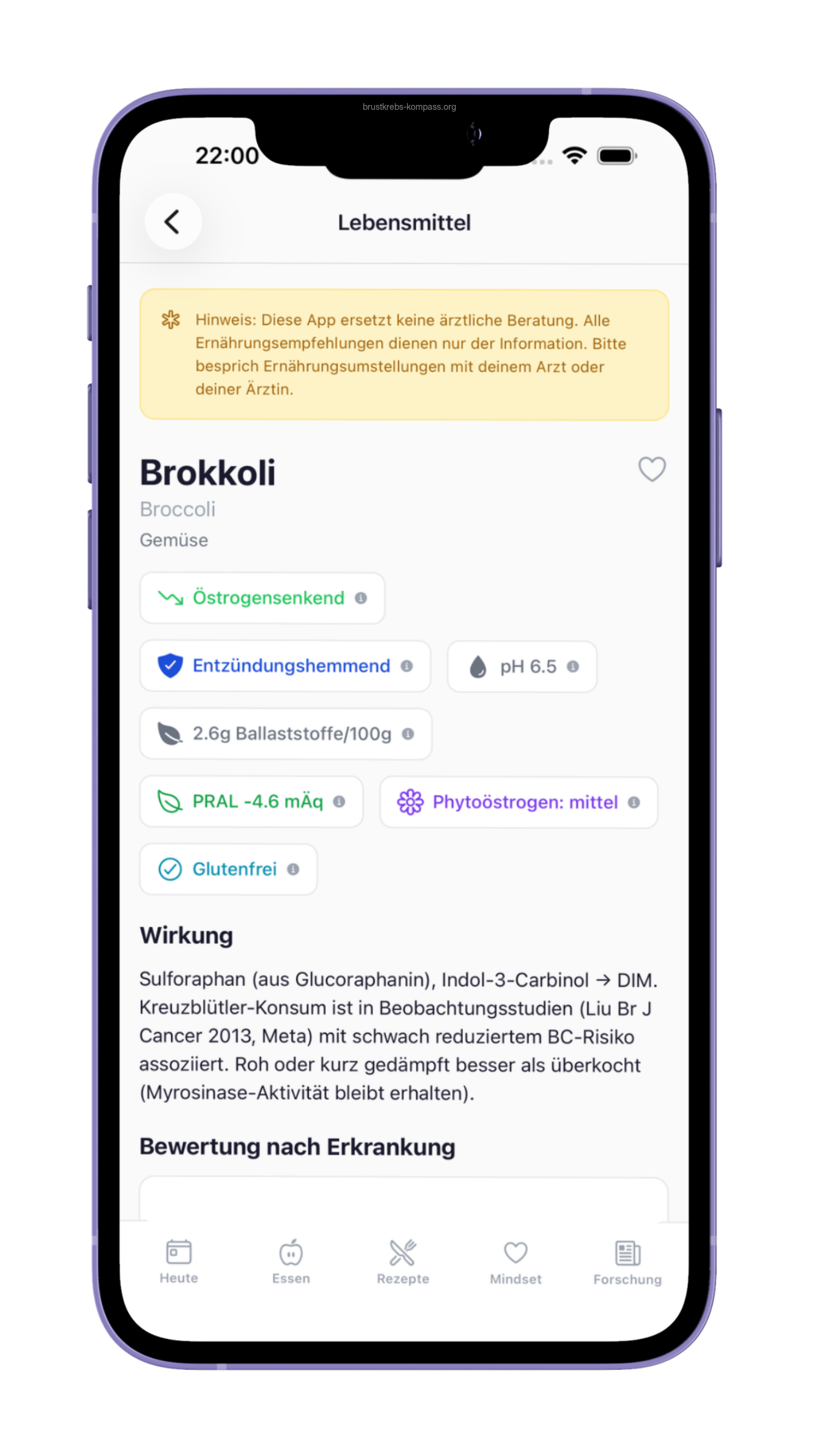 Lebensmittel-Detail Brokkoli mit Tags, Wirkmechanismus Sulforaphan, Bewertung pro Erkrankung.