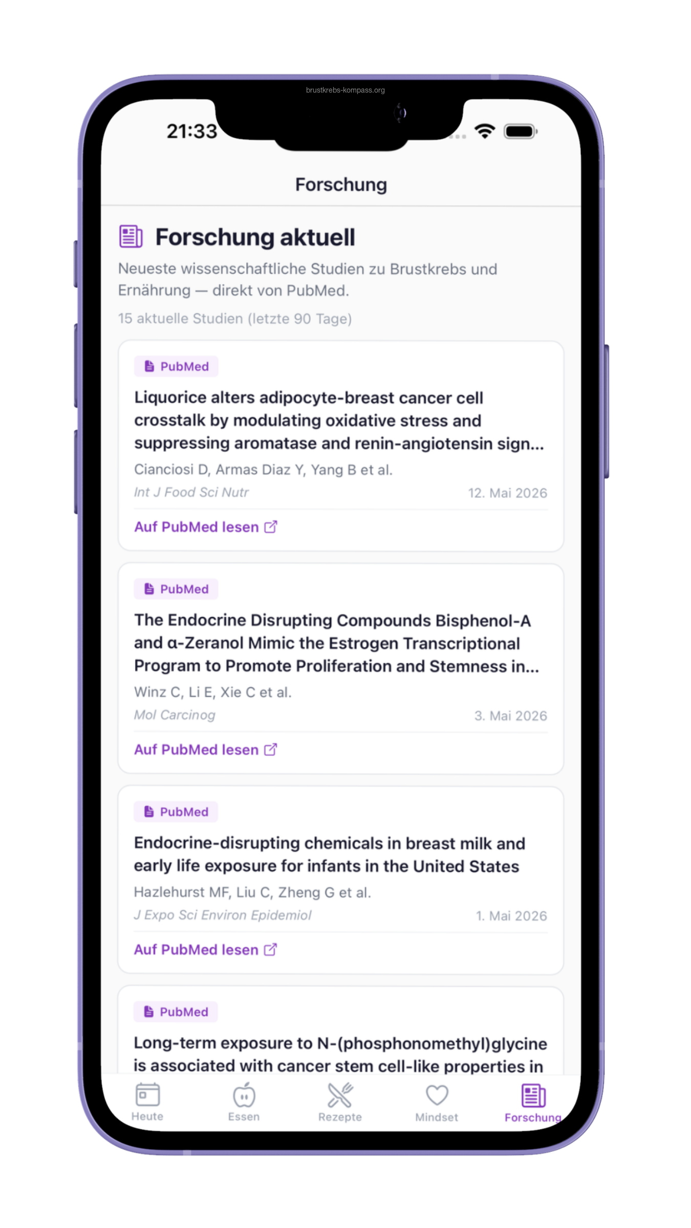 Forschungs-Feed mit PubMed-Verlinkung zu Studien zu Brustkrebs und Ernährung.
