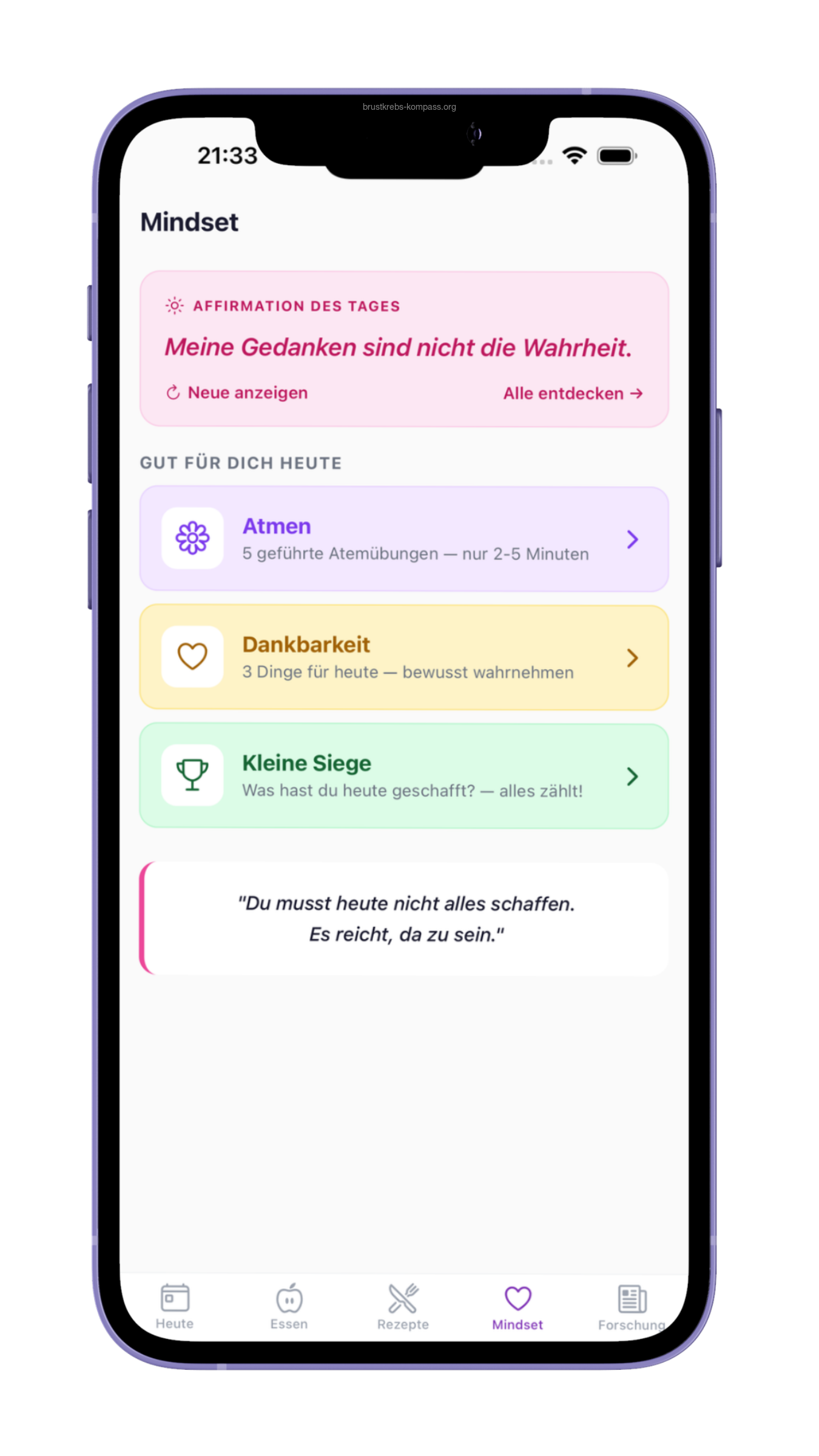 Mindset-Tab mit Affirmation des Tages, Atemübung, Dankbarkeit und Kleinen Siegen.